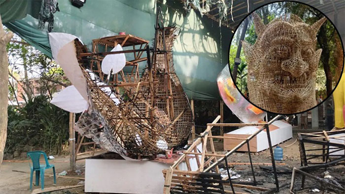 চারুকলায় আগুনে পুড়লো ‘ফ্যাসিবাদের মুখাকৃতি’ ও ‘শান্তির পায়রা’